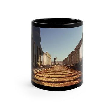 Trajan in the Colonnade of Apamea black mug by Storaro Art Collection - Roman emperor with Syrian colonnade architecture on sophisticated ceramic drinkware